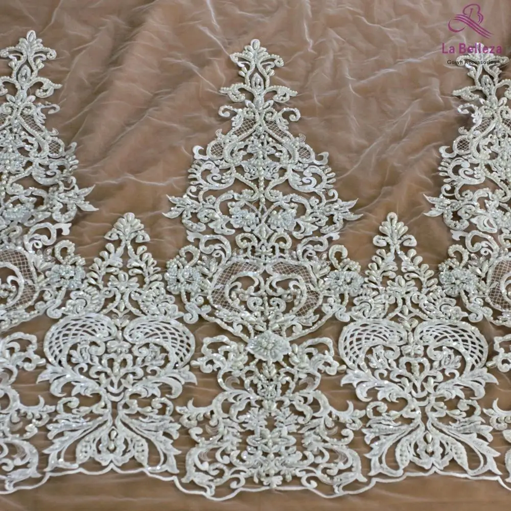 La Belleza restock 75cm width ivory Bilateral Beaded sequins lace trim gorgeous lace trim for bridal accessories 1 yard