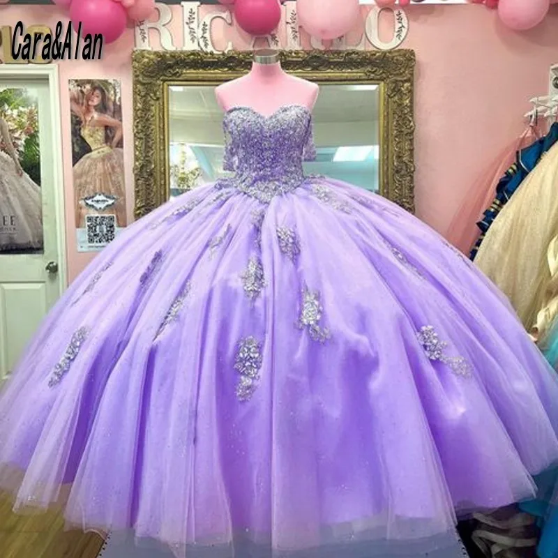 Elegant Lavender Quinceanera Dresses Appliques Crystal Sweet 15 Prom Pageant Gowns Long Sleeves Vestidos de xv años