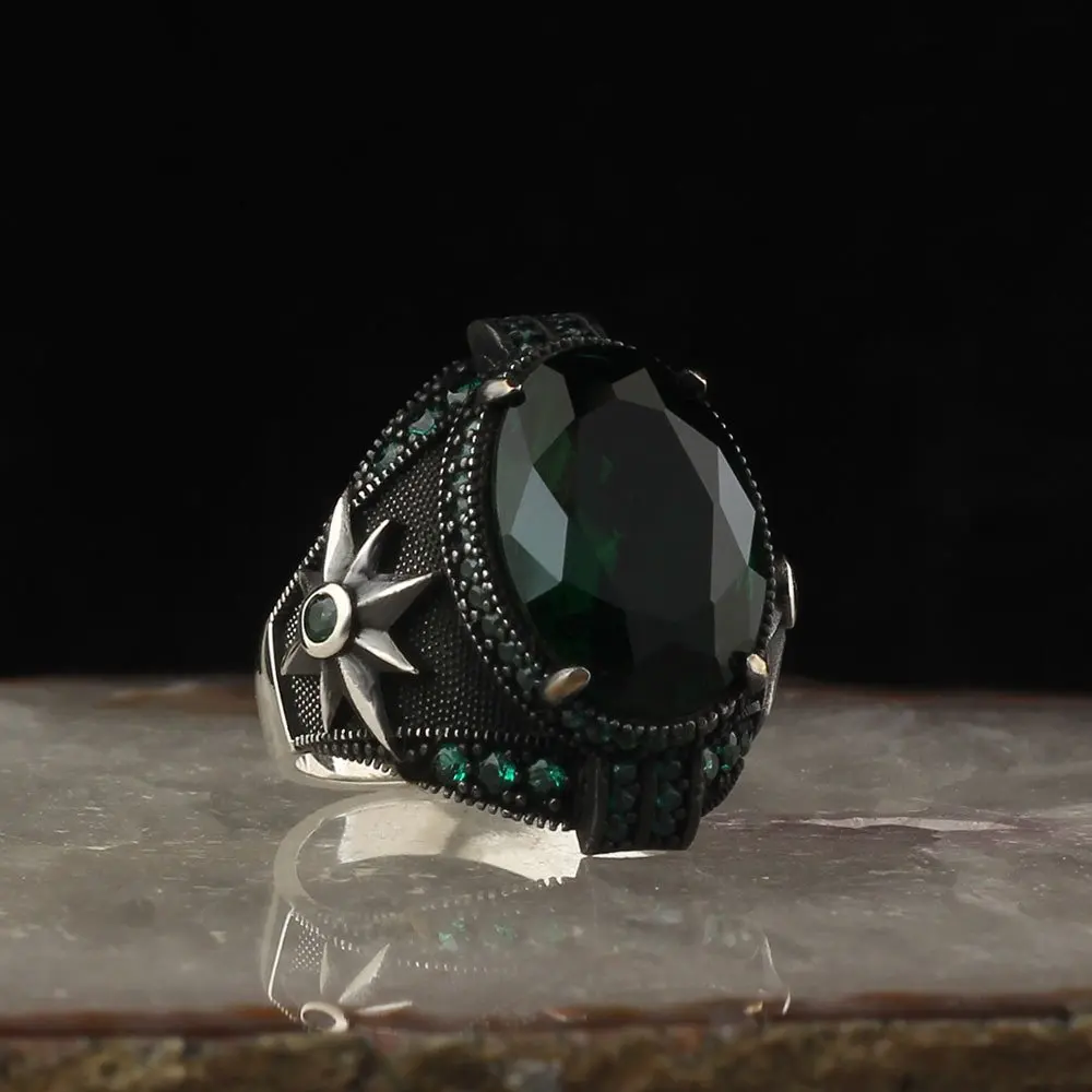 

MEN 'S 925 Sterling Silver Ring Green Zircon Stone Gift Product Special Design Handmade Made in Turkey