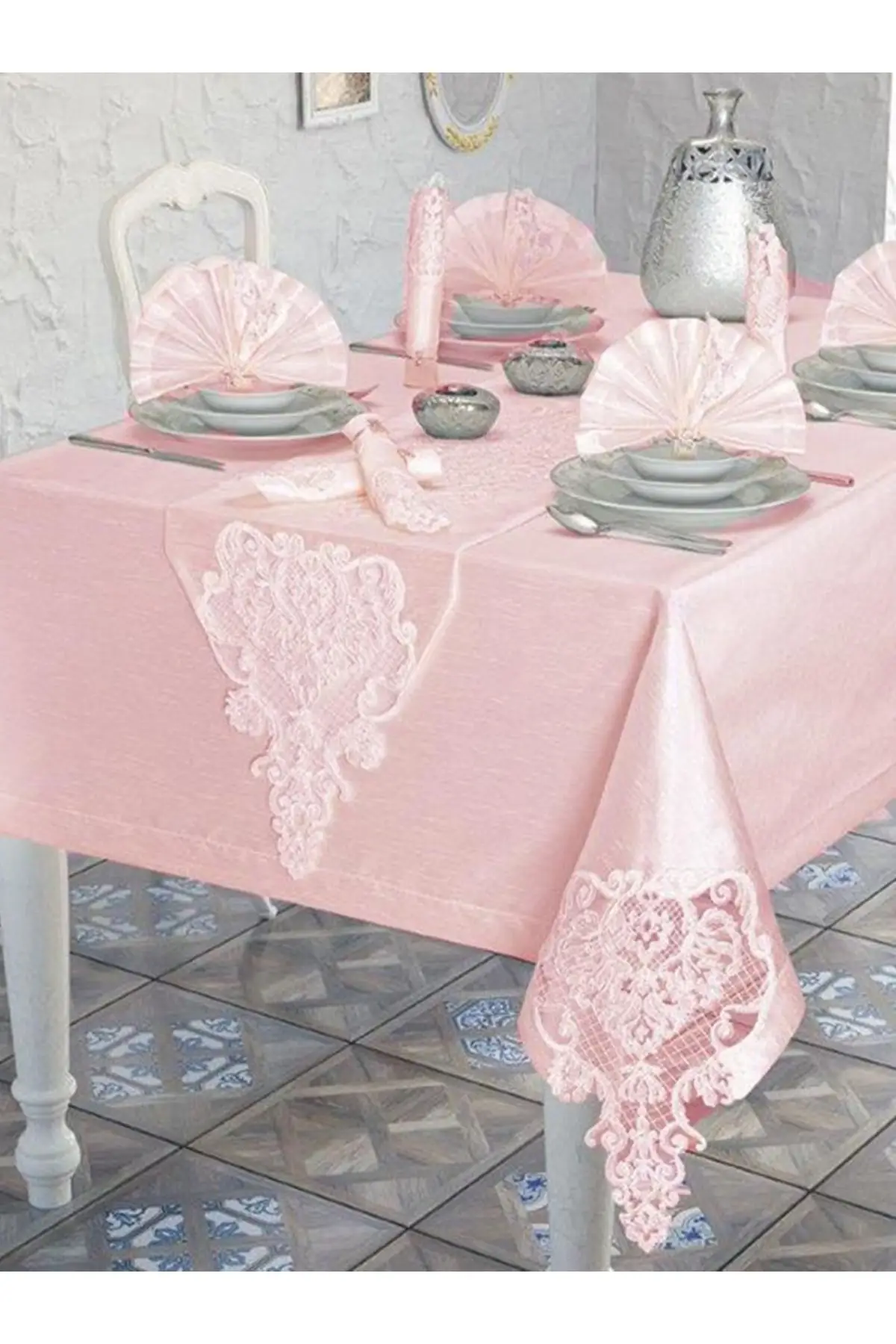 French Laced Aleph Table Cover Set 26 Piece Powder