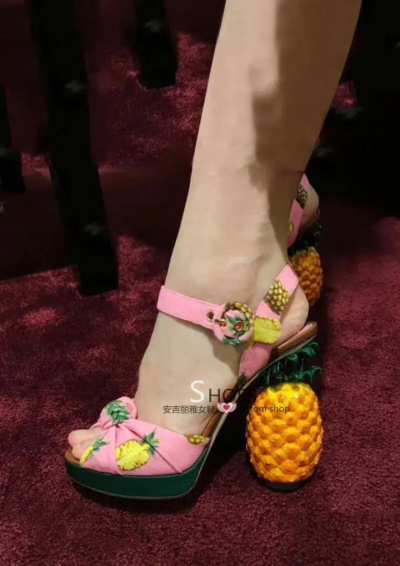 Ladies Pineapple Heel Sandals Shaped Heel Bohemian Style Pink Bow Pineapple Peep Toe High Heel Sandals Buckle Strap Large Size