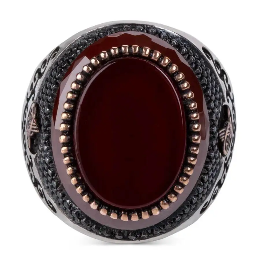 Oval Claret Red Agate Gamestone Plain Model Ottoman Tughra Motif Ring Vintage Men Jewelry Men Silver Accessory