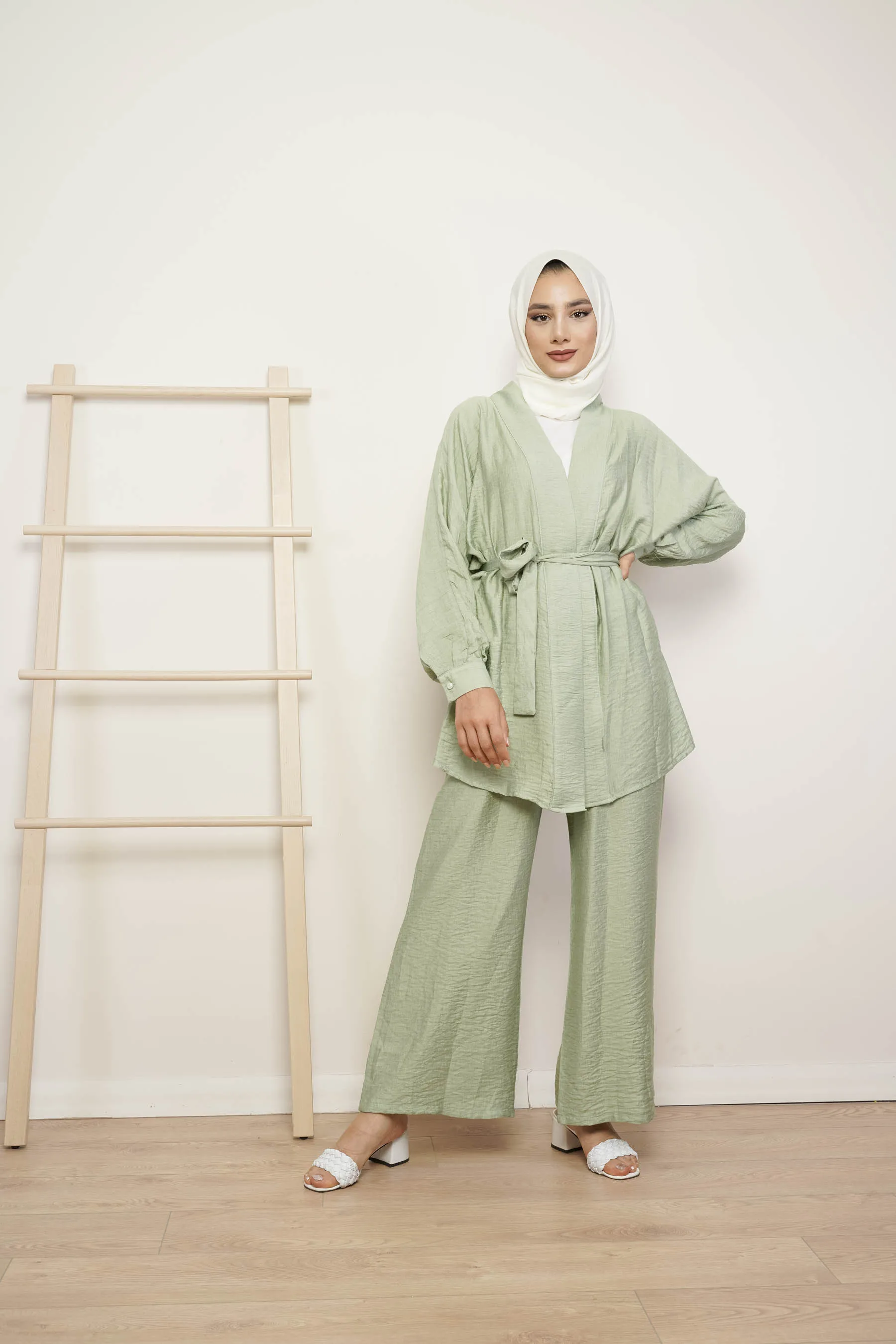 

Belted Kimono Suit - NK509 - Mint Green aerobin fabric hijab suit Size 36-38-40-42 (It's size 36 on the mannequin)