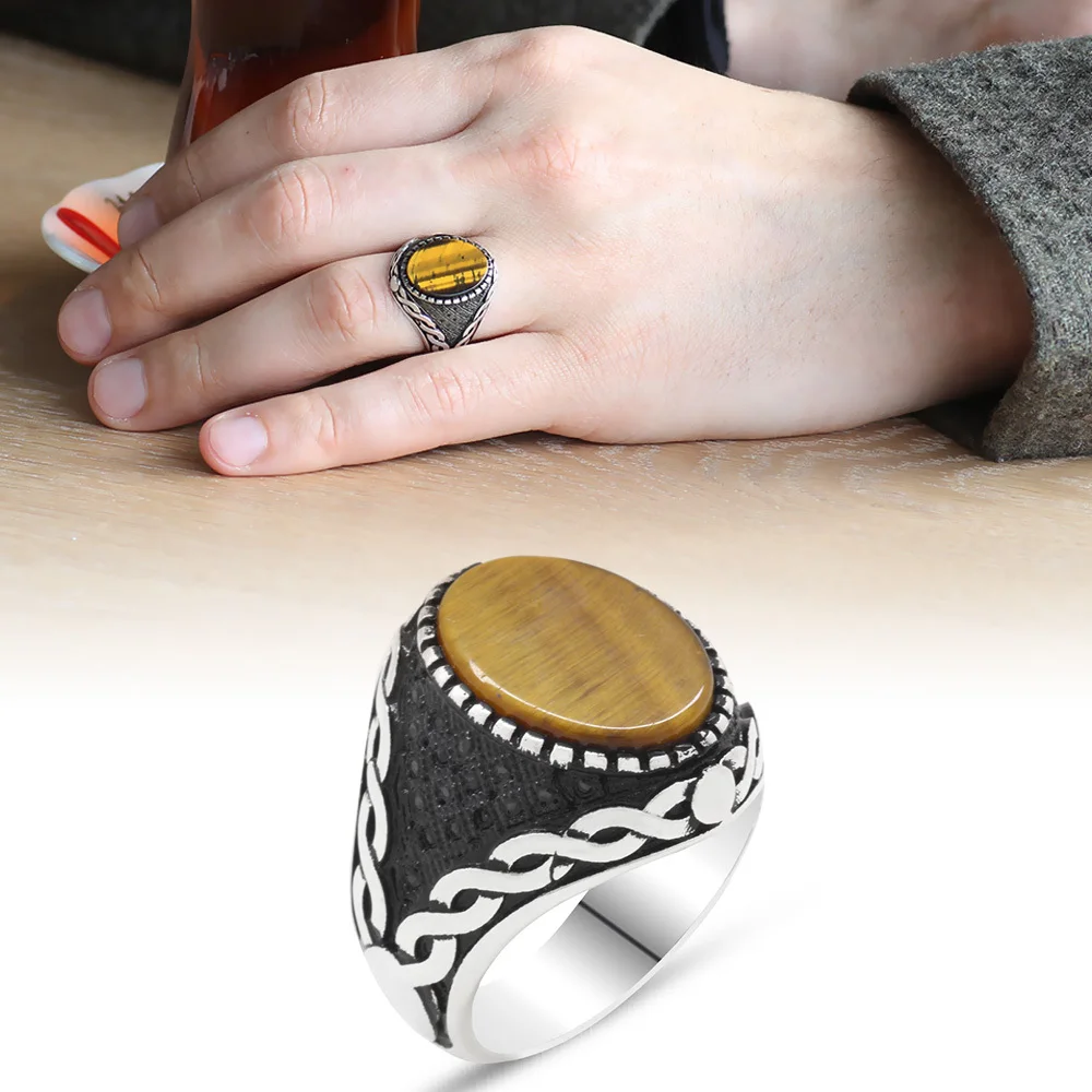 Elegant Ring in 925 Sterling Silver Brown Tiger Eye Trendy Gift for Women  Men Side Black Zircon Stone Fine Jewelery