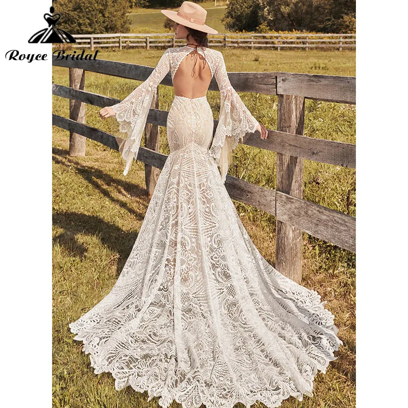 Mermaid Boho Bohemian Wedding Dresses Beach Lace Long Flare Sleeve Split Middle Open Back Bridal Gown Customized Roycebridal