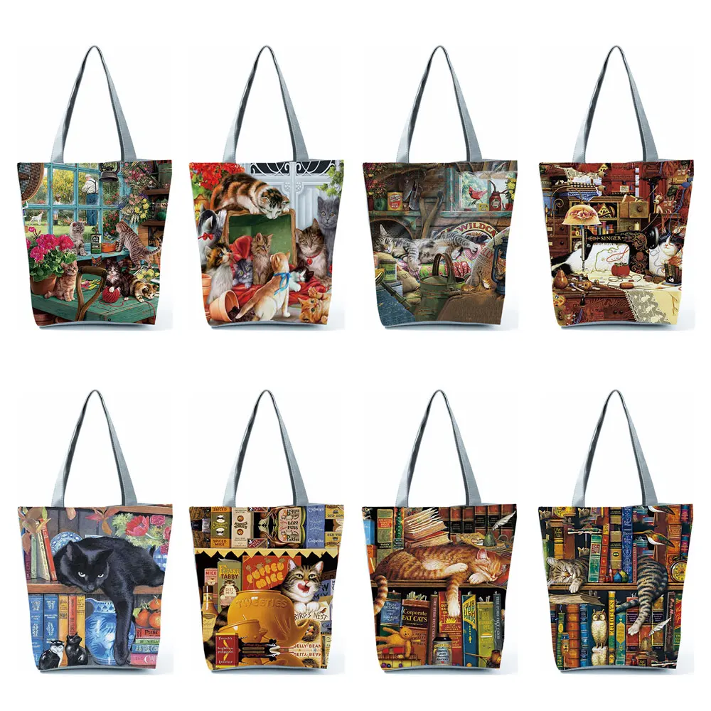 Custom Oil Painting Cat Print Women Designer Shoulder Bags Lady Portable Beach Bag High Capacity Shopping Bag Practical Handbags