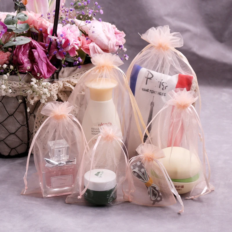 100 Pcs/lot champagne color Drawstring Organza Bag small Pouches Jewelry Package Bags Christmas Wedding Packaging Gift Bags