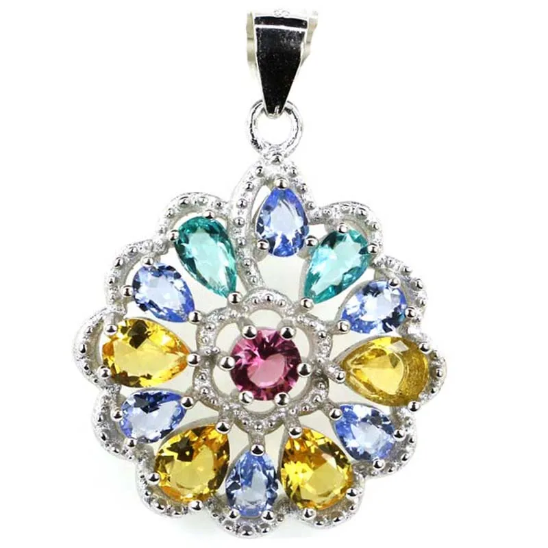 29x21mm Lovely Flower 4.0g Pink Tourmaline Violet Tanzanite Citrine CZ Birthday Gift 925 Solid Sterling Silver Pendant