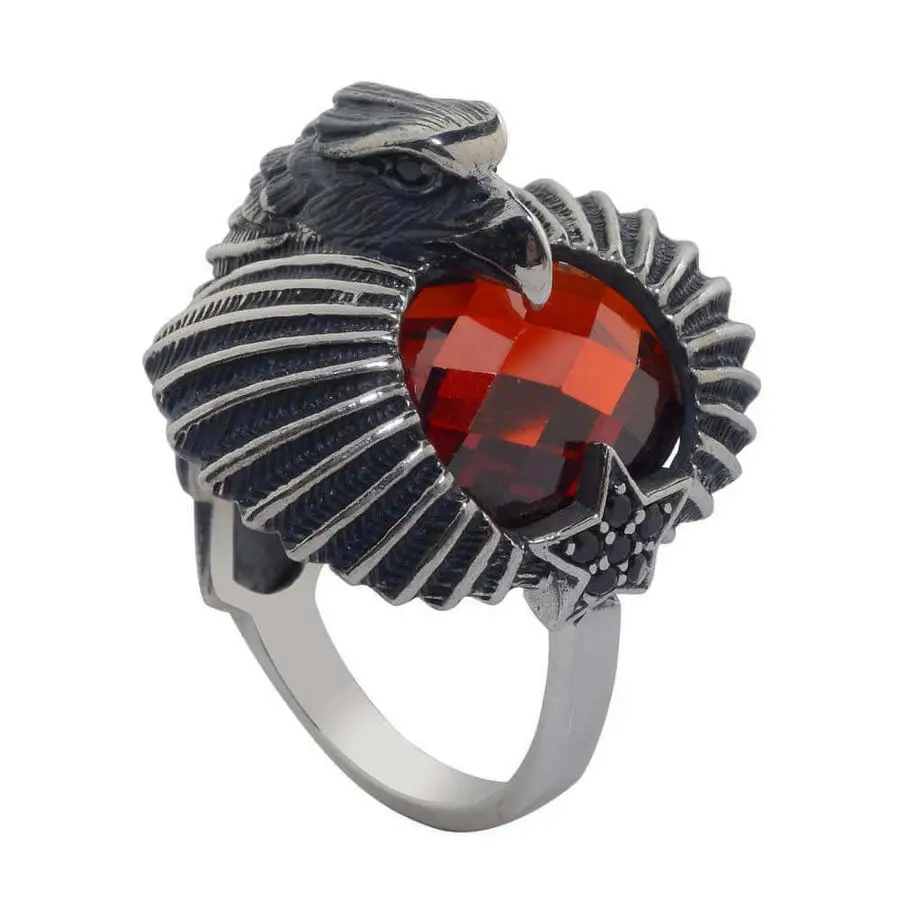 3D Eagle Moon and Star Patterned Ring with Red Stone Fashion Turkish Premium Quality Handmade Jawelery