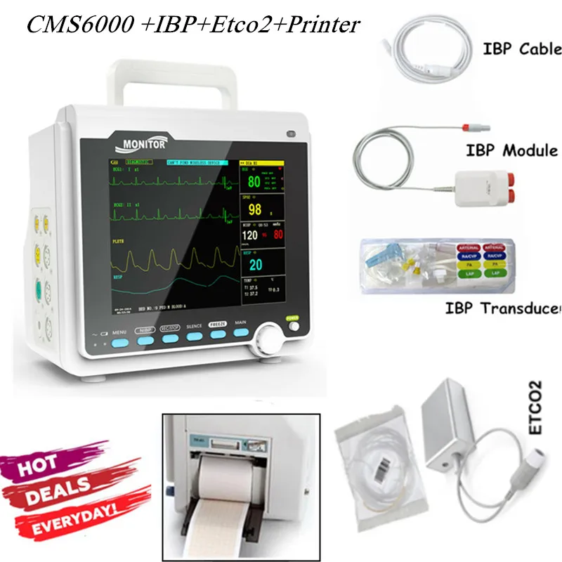 CONTEC CMS6000 다중 매개 변수 환자 모니터 Capnograph Etco2 & ibp가있는 8 "바이탈 사인 모니터