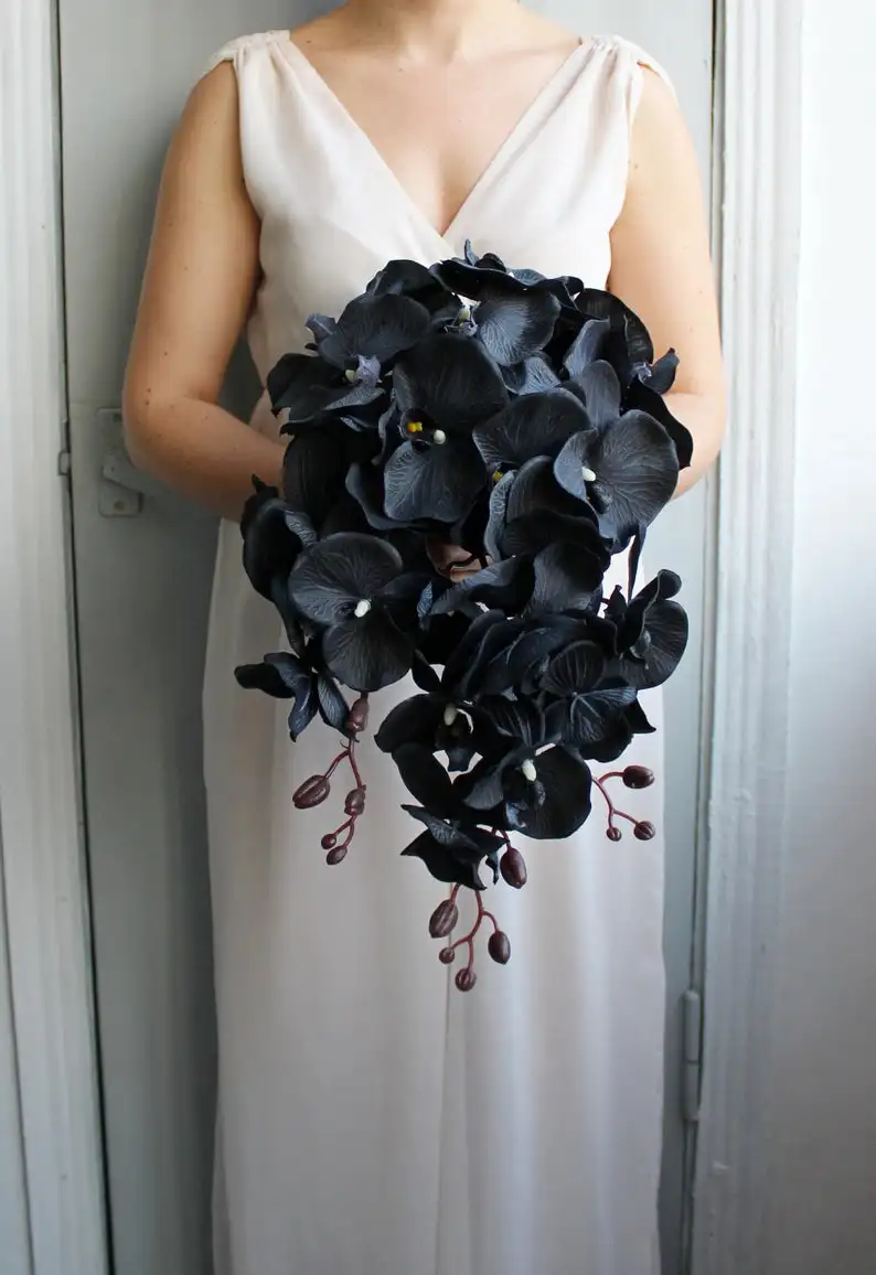 PEORCHID Gothic Wedding Bouquet Black Orchid Bridesmaid Flower Artificial Waterfall Bouquet Cascading Boho Bridal Bouquet