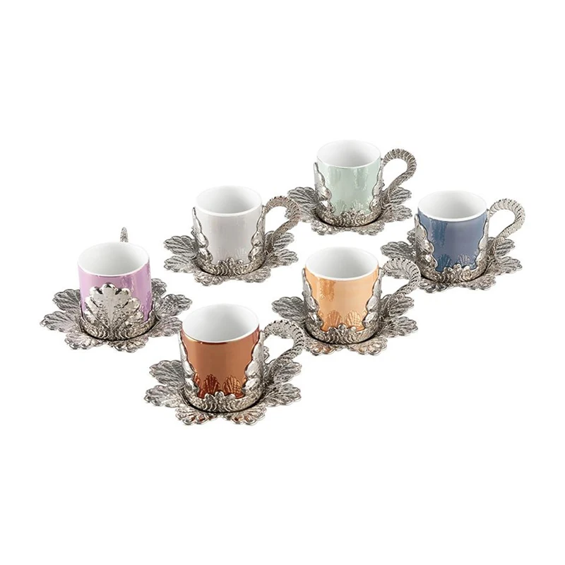 Set 6 Person Turkish Greek Arabic Coffee Espresso Cup Saucer Cup Holder Gold Silver Mix Color High Quality Zamac and Porcelain