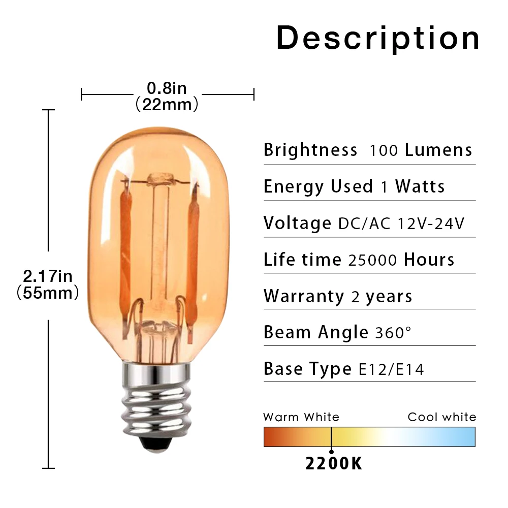 GANRILAND E12 E14 Base T22 1W DC12V 24V Led Filament Lamp Bub Vintage 2200K Decor Tubular Camping RV Low Volts Mini Light Bulb