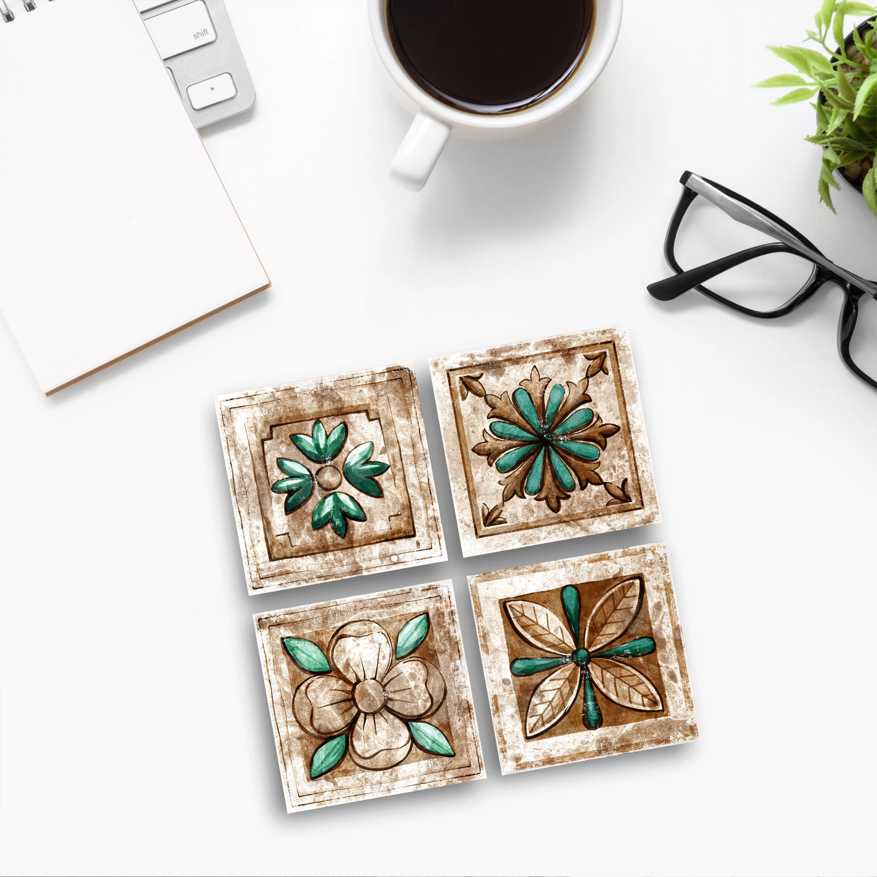 Natural Stone Coasters Famous Patterns Special Printed Vintage Square Design Mushroom Proof Bohemian Gift Set of 4(10cm x 10cm)