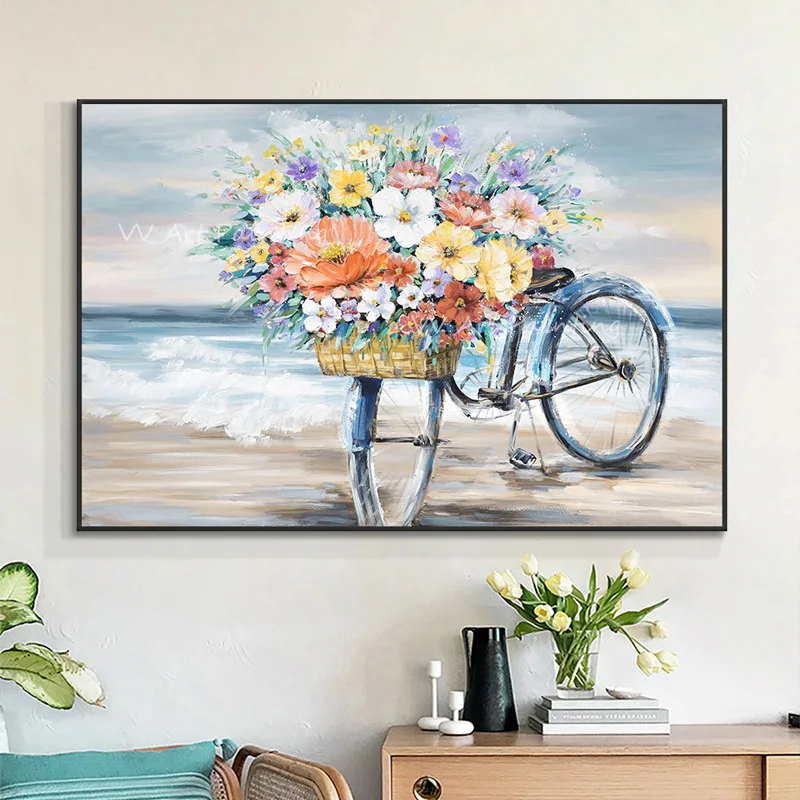 Modern Handmade Oil Painting, Thick Knife Textured Beach Bike Bouquet Art, Fresh Coastal Decor For Cafe & Apartment