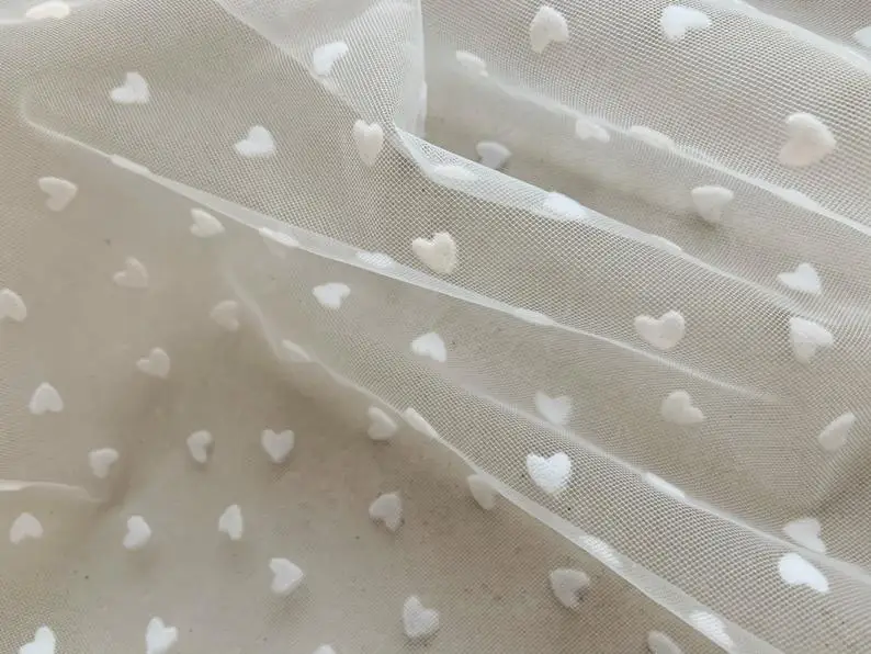 Off White Tulle Lace Fabric With Velvet Heart