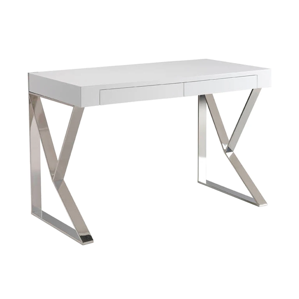 3014 desk Angel Cerdá-office desk in DM lacquered in glitter white with two simple drawers and legs made of chrome stainless steel.