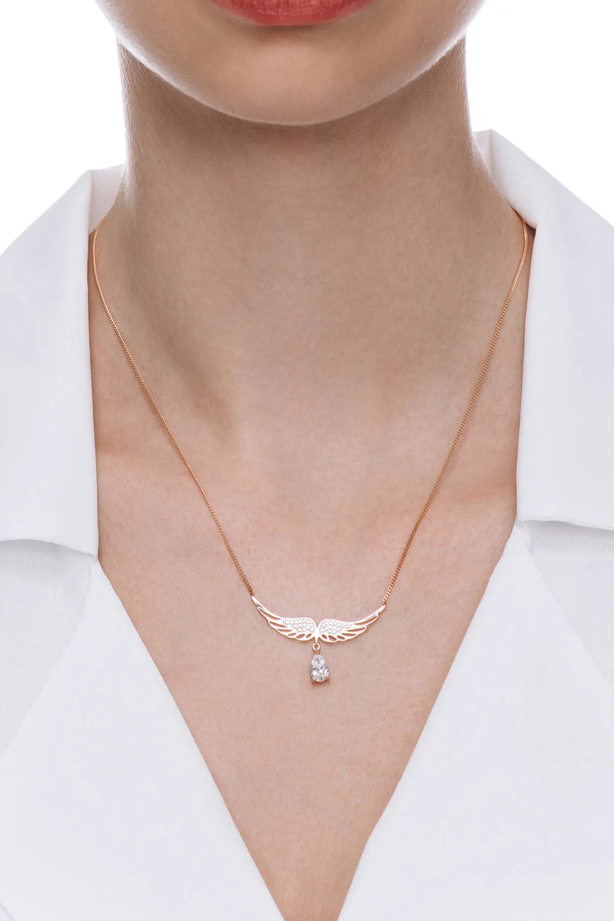 Valori Jewels Drop Angel Wing, Zirconia White Gemstone, Rose Gold Plated, Sterling Silver Necklace