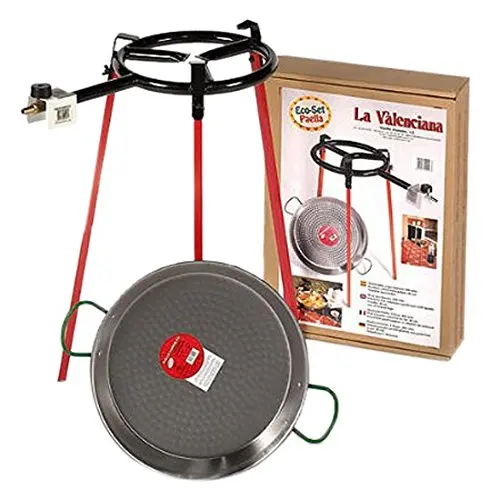 Camera, paella with gas burner-set includes: 300 mm gas ring burner, 38 cm polished paella Pael, tripod