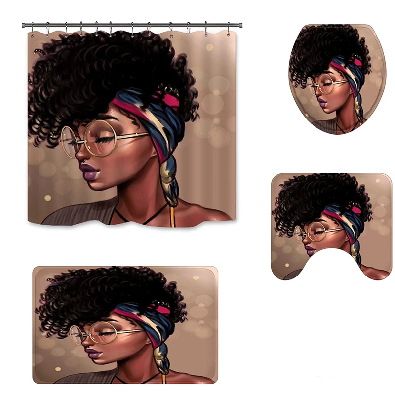 Afro Black Twins Glasses Girl African American Women Shower Curtain With Rugs 4 Pcs Sets For Bathroom Accessory Bath Decor