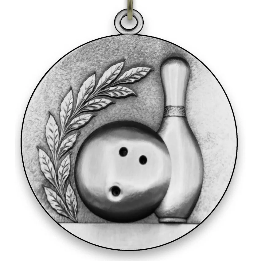 Large Metal Bowling Silver Medal - 6,4 cm - with Neck Ribbon size 2.2cm x 80cm - Choice of Ribbon Colours.