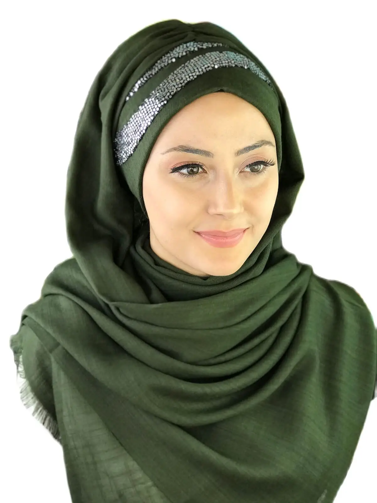 2022 New Fashion Hijab Women Muslim Islamic Turban Scarf Hat Foulard Single Sequin Sequined Detailed Dark Green Ready Made Shawl