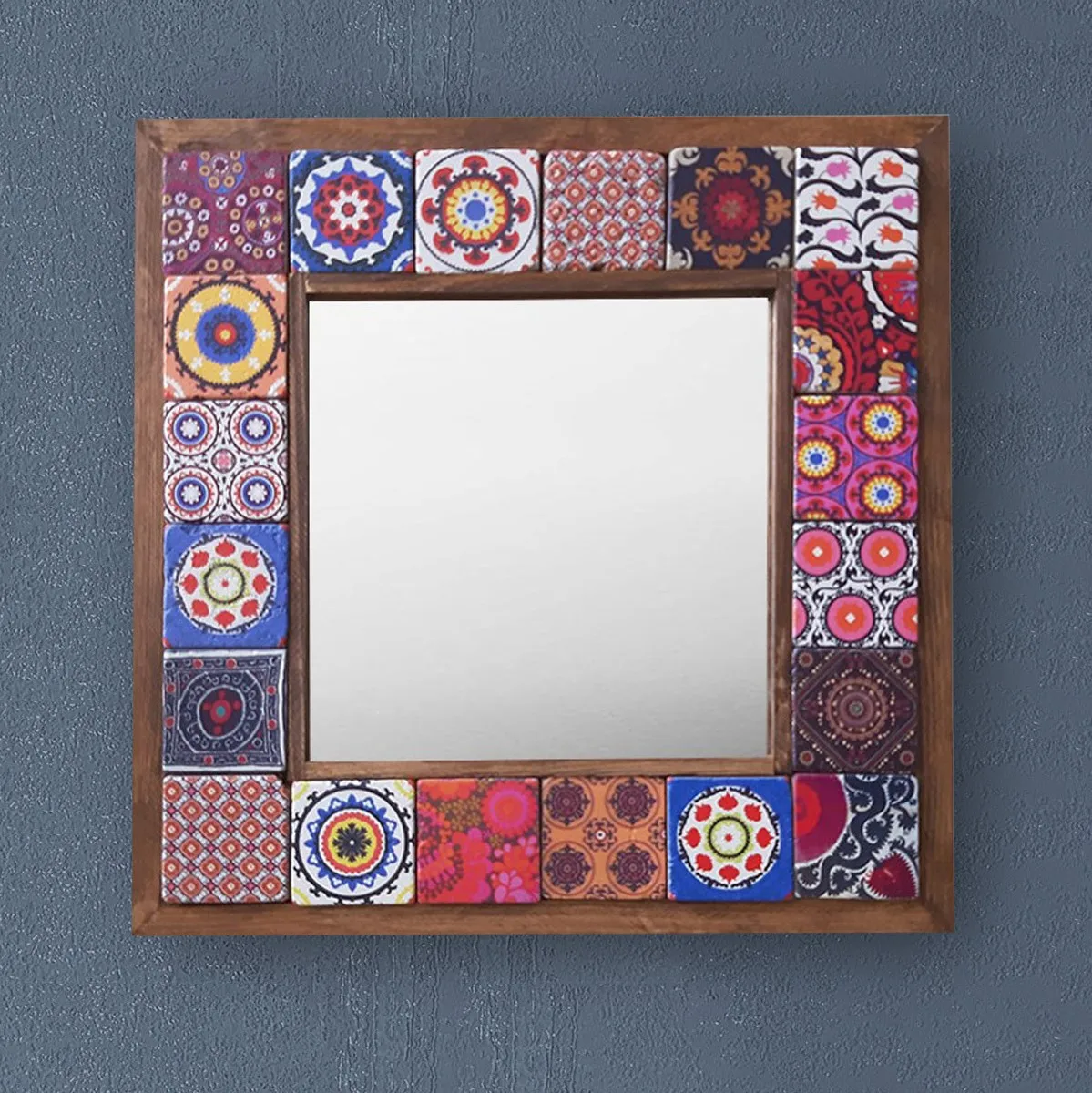 Handmade Wall Mirror Decorative Natural Stone Wooden Framed Art Decor Vintage Mosaic Printed Tile Square Gift Hang 33cmx33cm