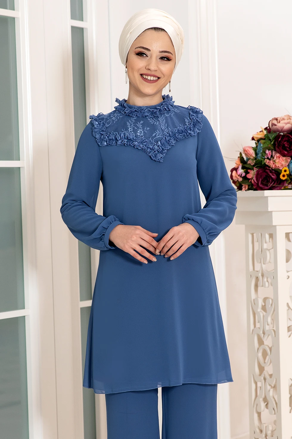 Summer 2021 2 piece Set muslim women turkey Lace Abaya blouse wide leg pants Kaftan Eid suit Islamic clothing djellaba
