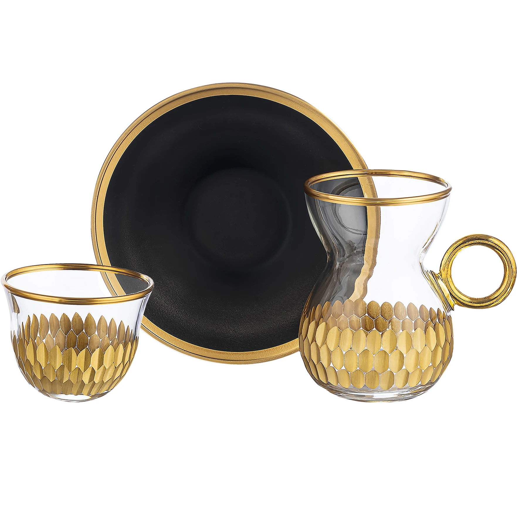 Turkish Tea Set, Paşabahçe, Tea and Coffee Set, Mirra Cup,18 Pieces,Gold,Handmade Glass Decor, Kitchen, Home Gift, 5 o'clock Tea