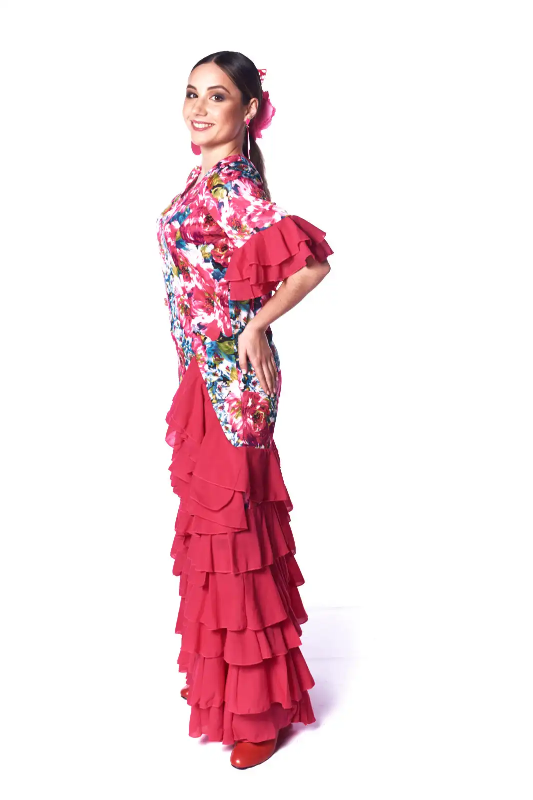 Women's dress for Flamenco dance or sevillanas. Floral print. Elastic fabric. Made in Spain