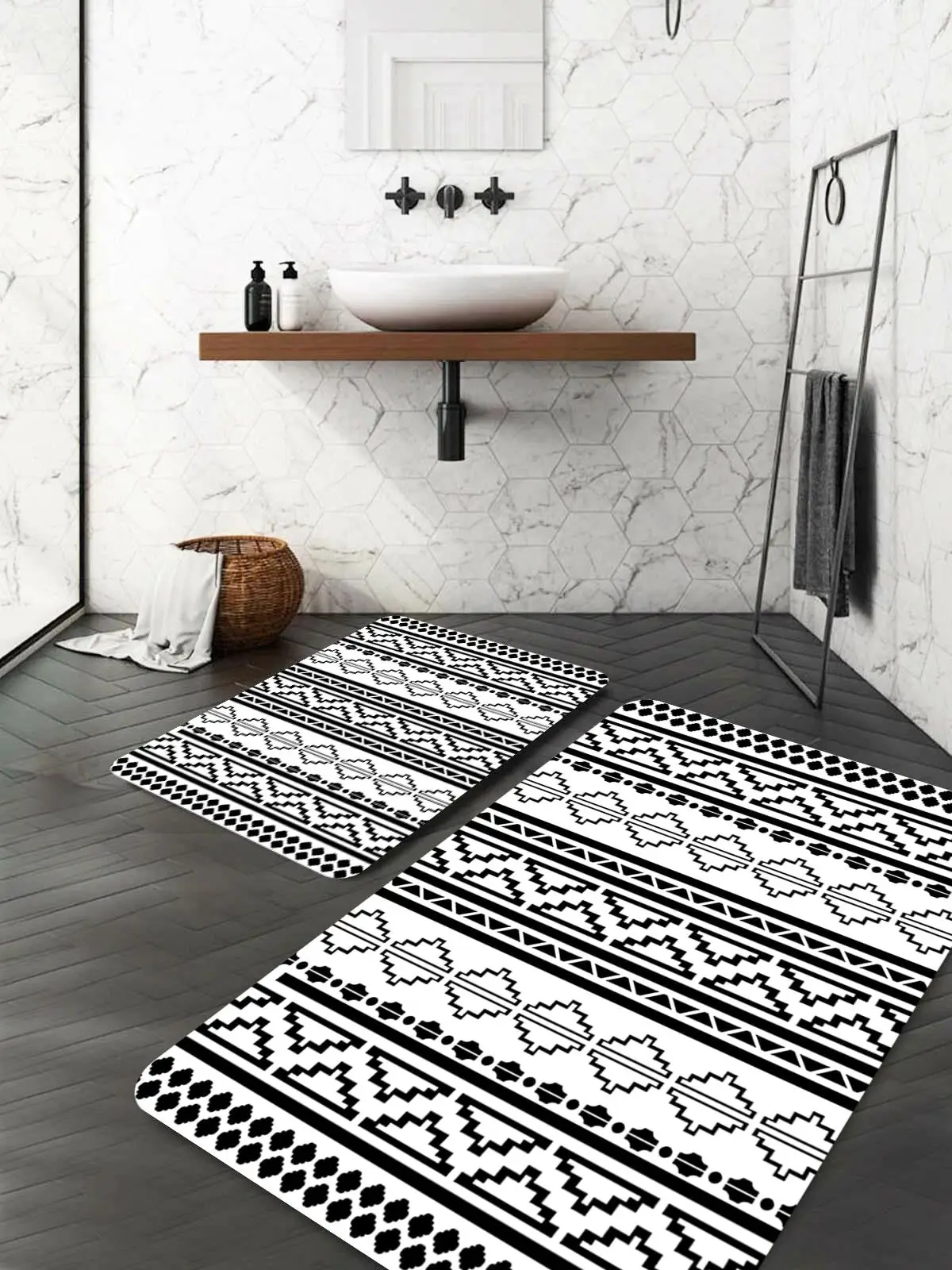 Rugs Motif Black and White Bath Mat Super Absorbent Floor Mat Anti Slip Quick Drying Bathroom Mat Floor Carpet Easy to Clean Ho