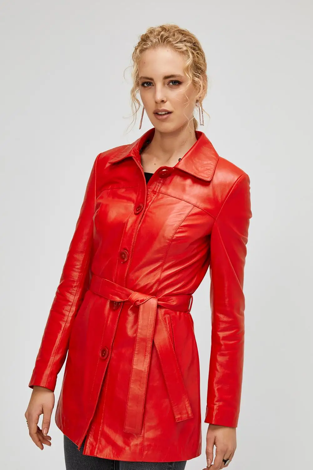 Red Women's Genuine Leather Coat