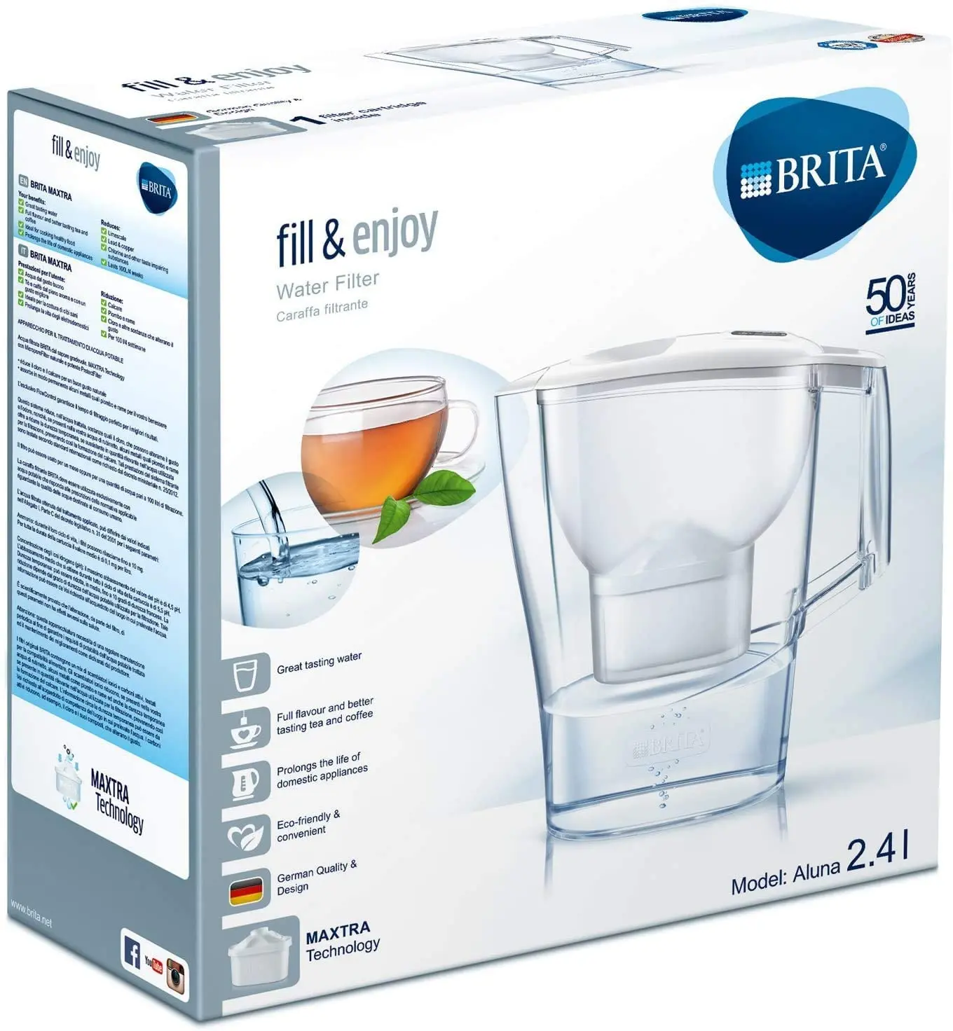 BRITA Aluna Cool Water Filter Slim Jug and 1 Cartridge, White, MAXTRA 2,4 liter