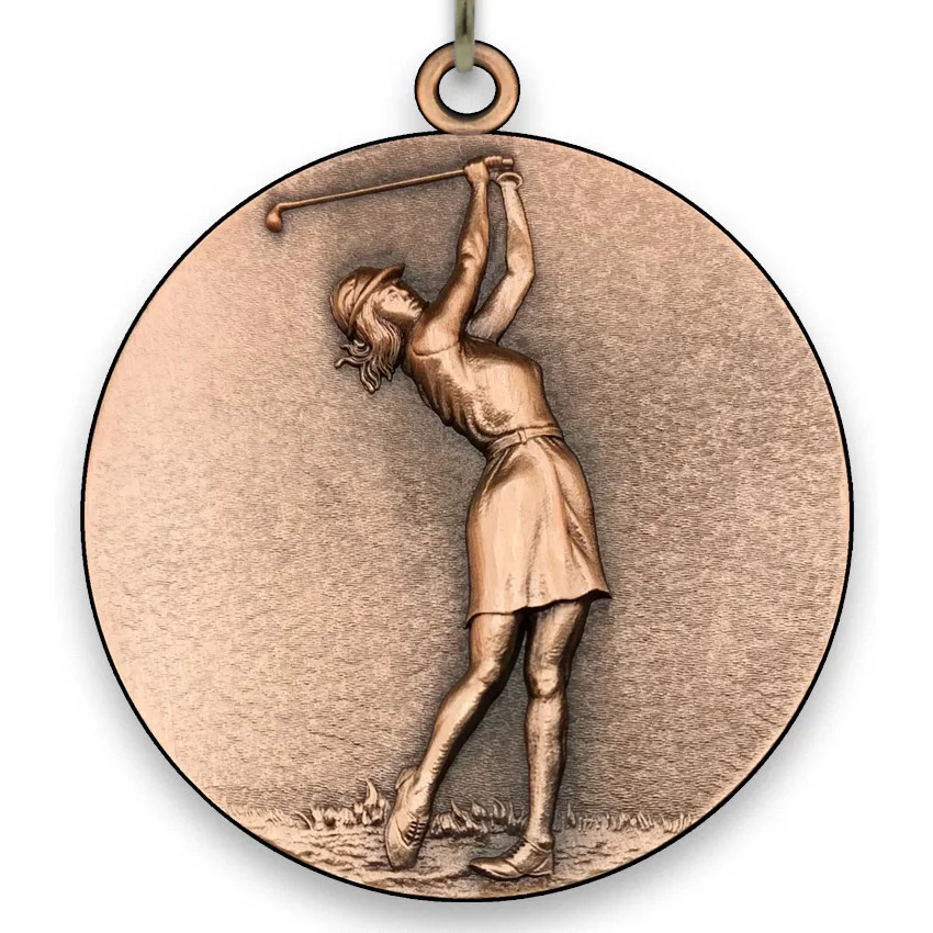 Large Metal Female Golf Bronze Medal - 6,4 cm - with belt size 2,2cm x 80 cm - Choice of Ribbon Colours.