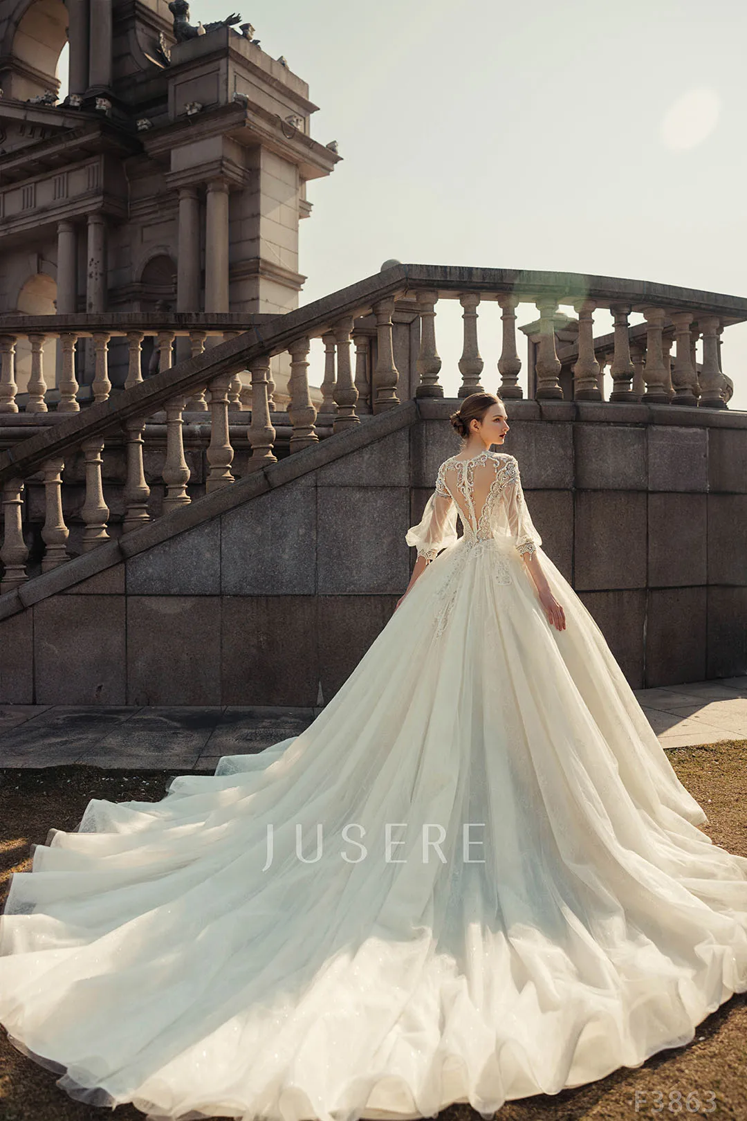 Jusere bridal dress ivory wedding dress bridal gown beaded dress off the shoulder long sleeves with long train