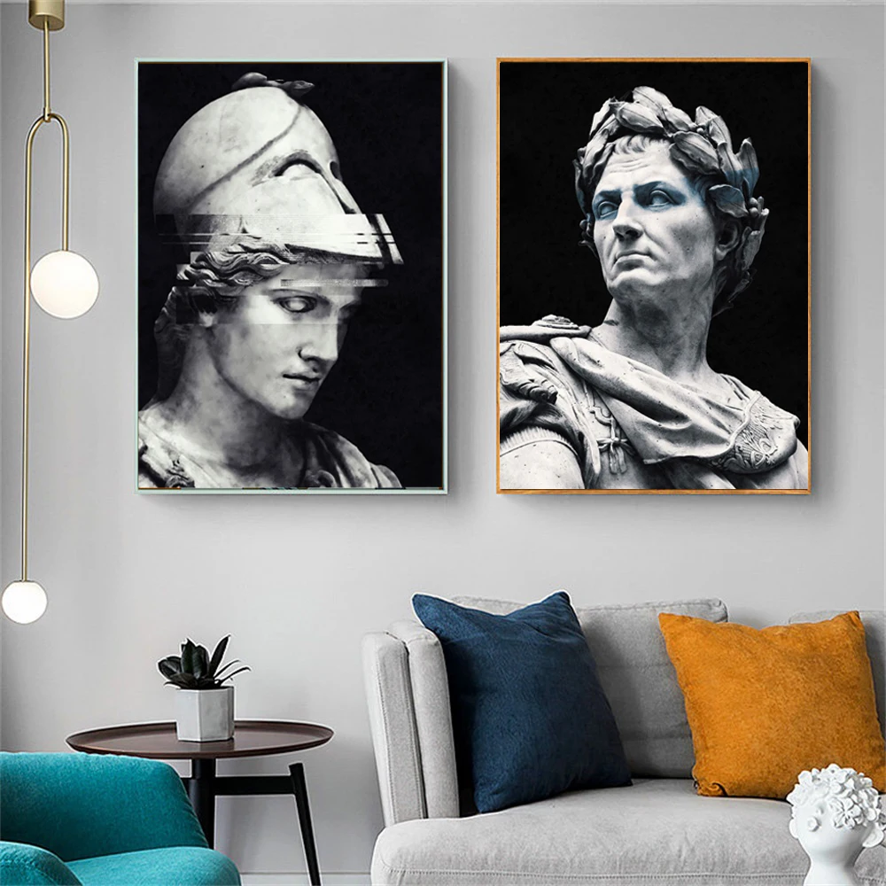 Modern Marble Sculpture Caesar and Pallas Athena Art Canvas Painting Black White Posters Wall Prints For Home Decor