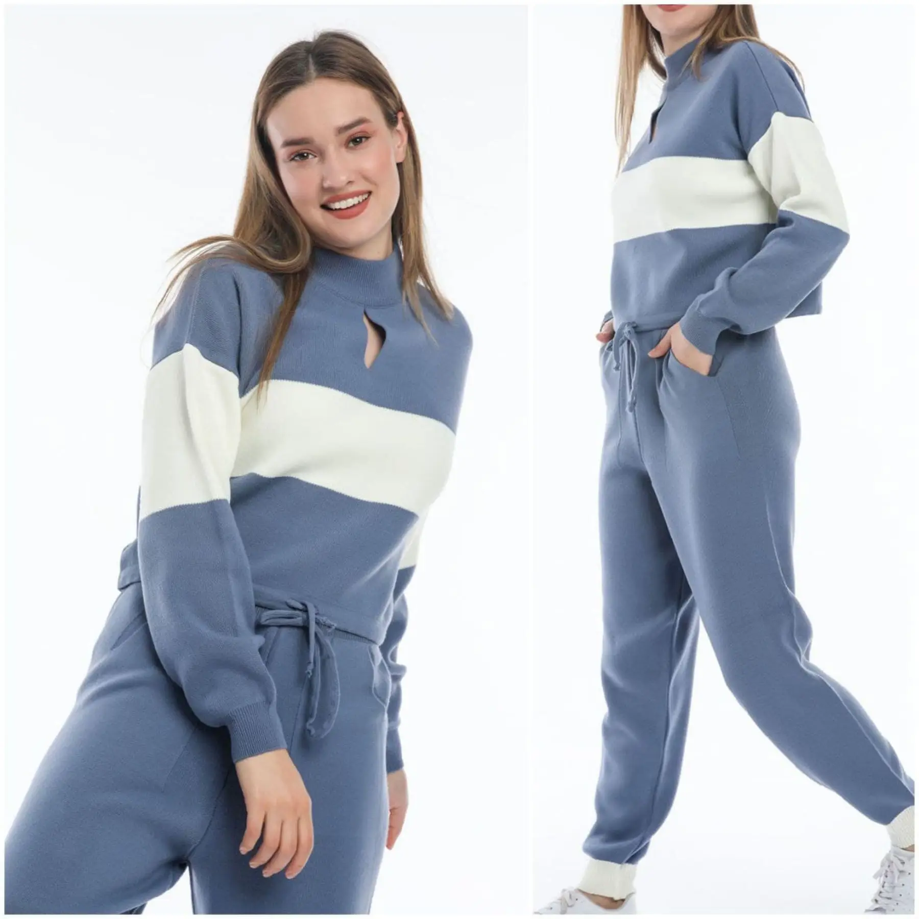 2 Piece Women's Sports Set Collar Detailed Sweater and Cargo Pant Sportive Casual Suit Stripe Patterned One Size Turtleneck 2021