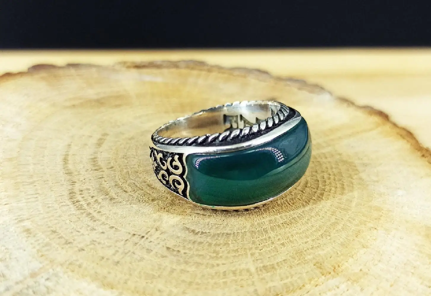 

925 Sterling Silver Slim Green Agate Business For Daily Collocation Wholesale Male Punk Mask Rings Vintage Antique Jewelry