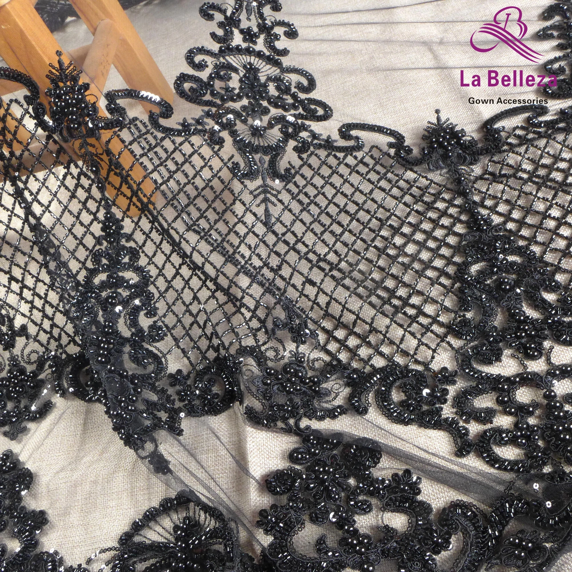 Hot selling Black heavy beading lace fabric,gold pearls beads lace,gown Evening dresses 1 yard