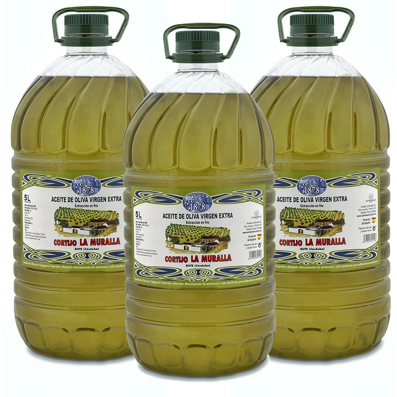 Aceite de Oliva Virgen Extra 5 Litros (3 Garrafas), Cortijo La Muralla, Variedad Hojiblanca, Extracción en Frío, AOVE 100% Natural