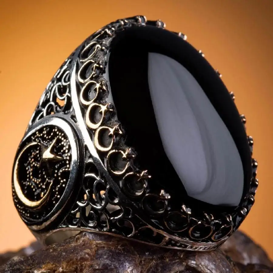 Large Silver Crescent Star Mens Ring with Black Onyx Stone Fashion Turkish Premium Quality Handmade Jawelery