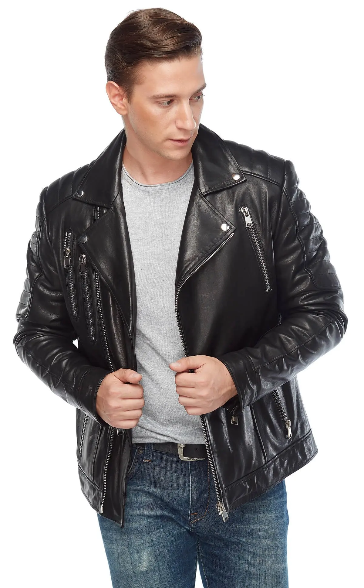 Casto Biker Chính Hãng Phối Da Đen Gốc Da Cừu Thu Đông 2022 Biker Slim Size Lớn VintageTürkiye