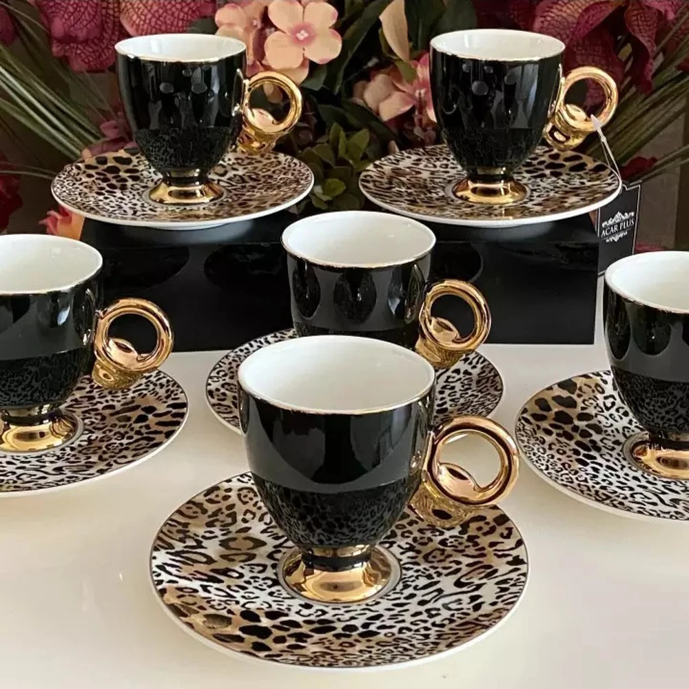 12 Piece Porcelain Leopard Pattern Black and White Turkish Coffee Cup Espresso New House Gift Tea and Coffee Set Cups and Saucer