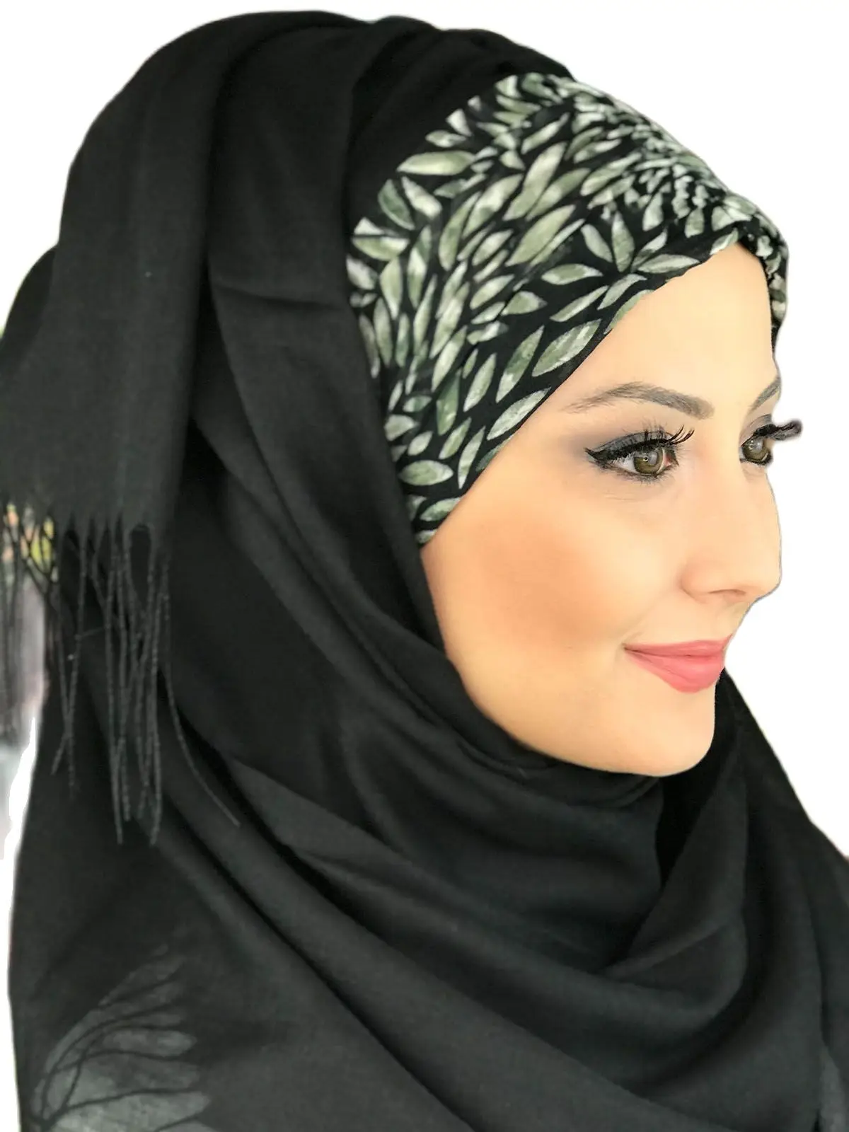 New Fashion 2021 Hijab Islamic Clothing Turban Women's Hat Spring Summer Scarf Sayf Black Green Leaf Black Shirred Ready Shawl