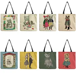 Japanese Style Illustration Cat Girl Print Handbag Women Shoulder Bag Outdoor Tote Reusable HIgh Capacity Foldable Shopping Bags