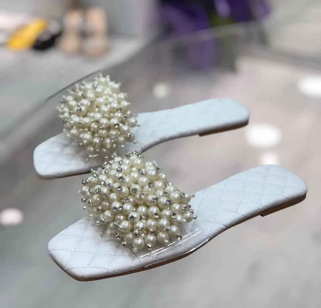 2022 New Fashion Pearl Plated Women Slippers Sandal Luxury Spring Summer High Quality Made in Turkey Red Brown White Black Color