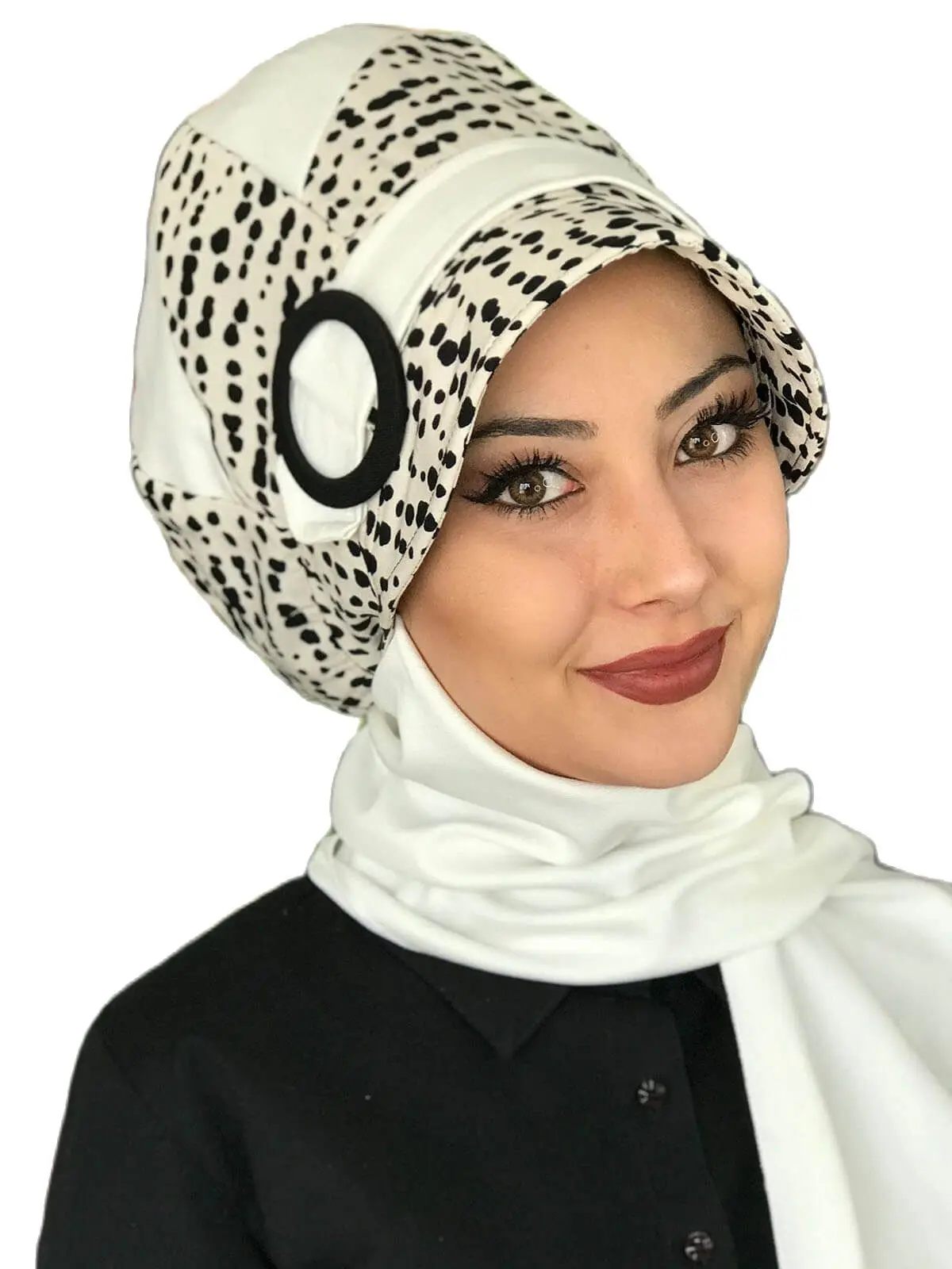 New Fashion 2021 Islamic Headscarf Turban Woman's Hat Spring Summer Scarf Black Spotted Buckle Passionflower White Scarf Hat