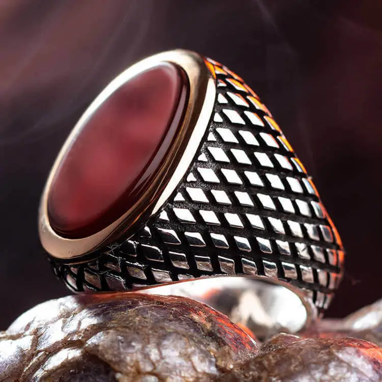 

Silver Mens Ring with Burgundy Agate Stone Fashion Turkish Premium Quality Handmade Jawelery