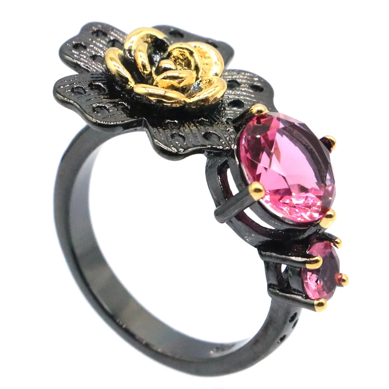 Buy 3 get 1 free 26x15mm Neo-Gothic Pink Tourmaline Pink Kunzite For Sister Cool Black Metal Silver Rings