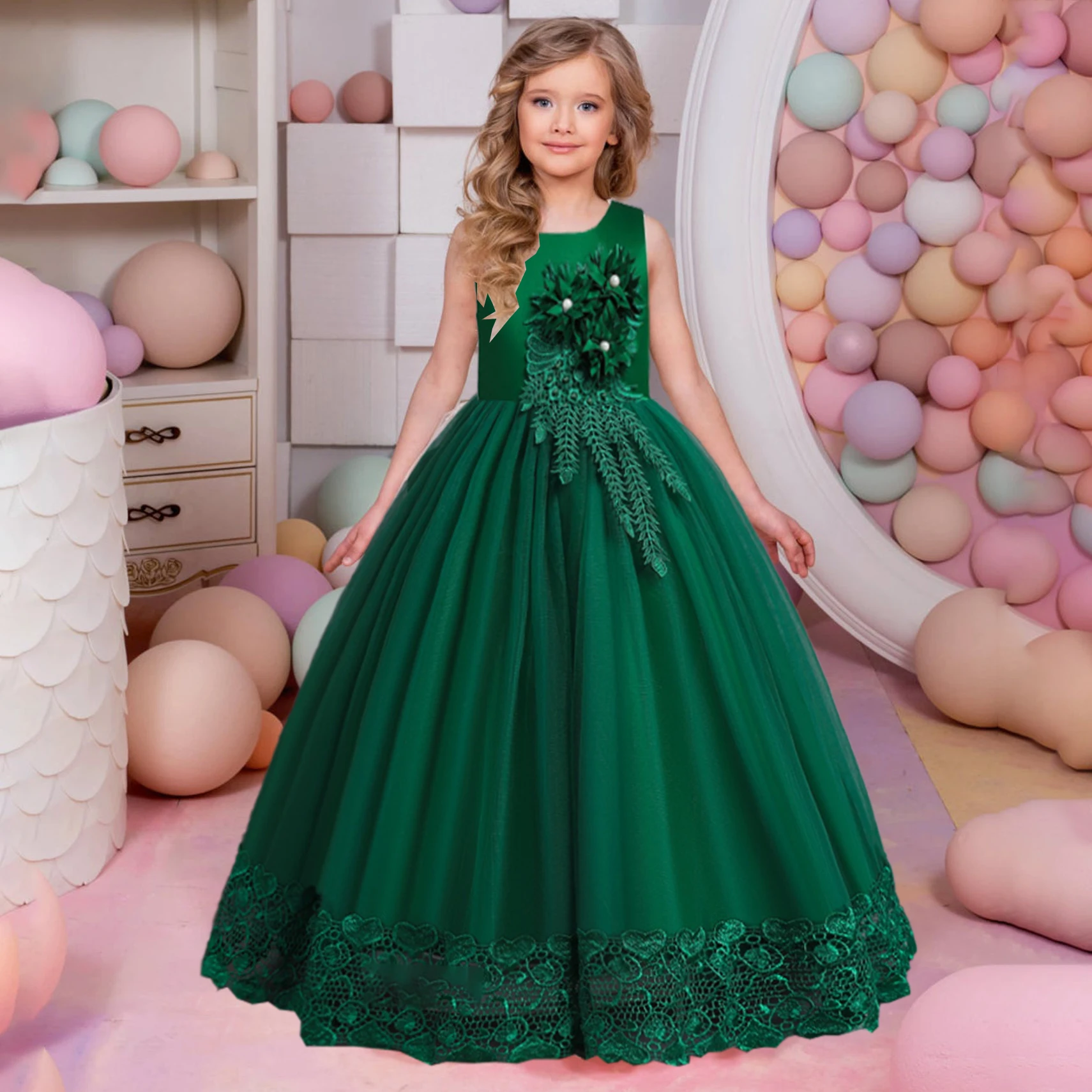 Summer Tulle Flower Girls Dress for Wedding Party Child Princess Pageant Long Gown Kids Dresses for Girls Formal Evening Clothes